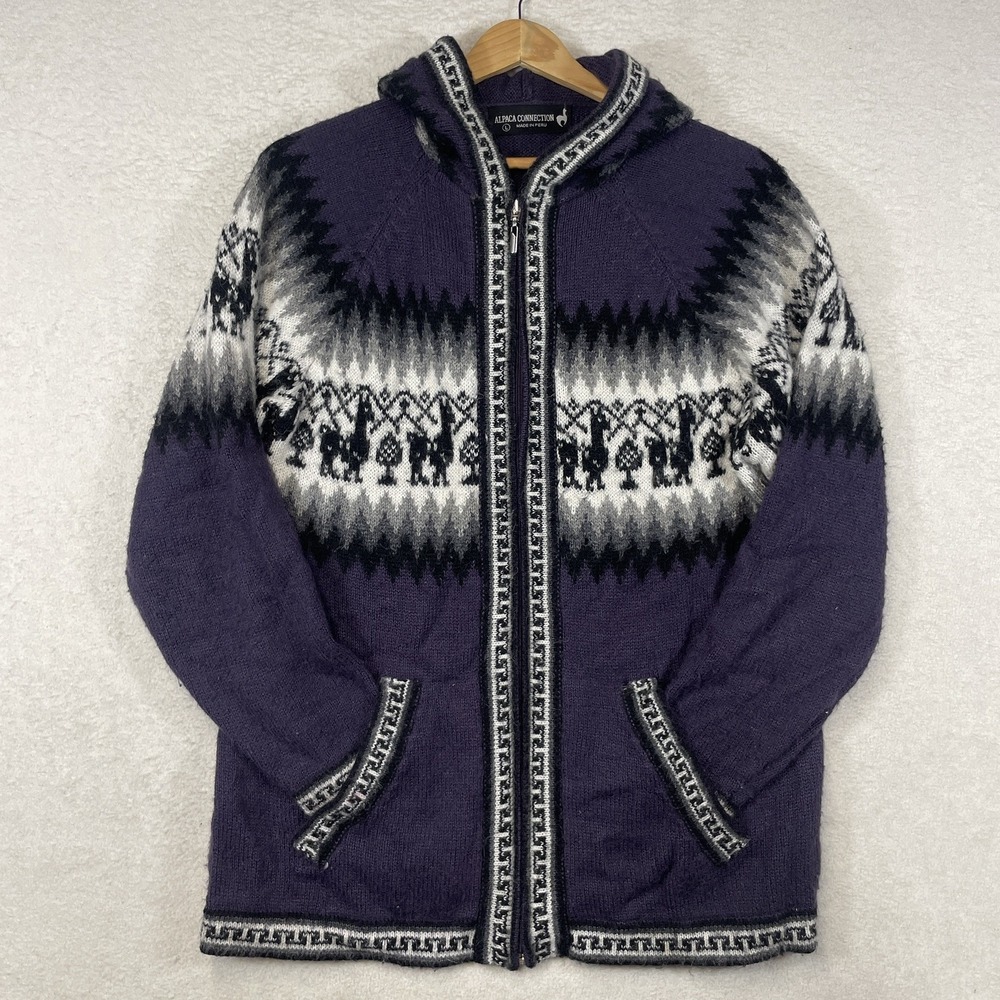 Alpaca Connection Womens L Full Zip Hoodie Cardigan Wool Llama Purple Peruvian